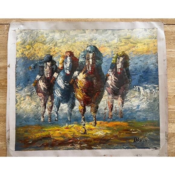 Horse Racing Painting Oil On Canvas Original Signed Davis Vintage Impressionist - Picture 2 of 11